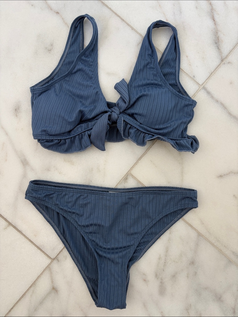 SHEIN Navy Blue Ribbed Tie-Front Kids Bikini Set